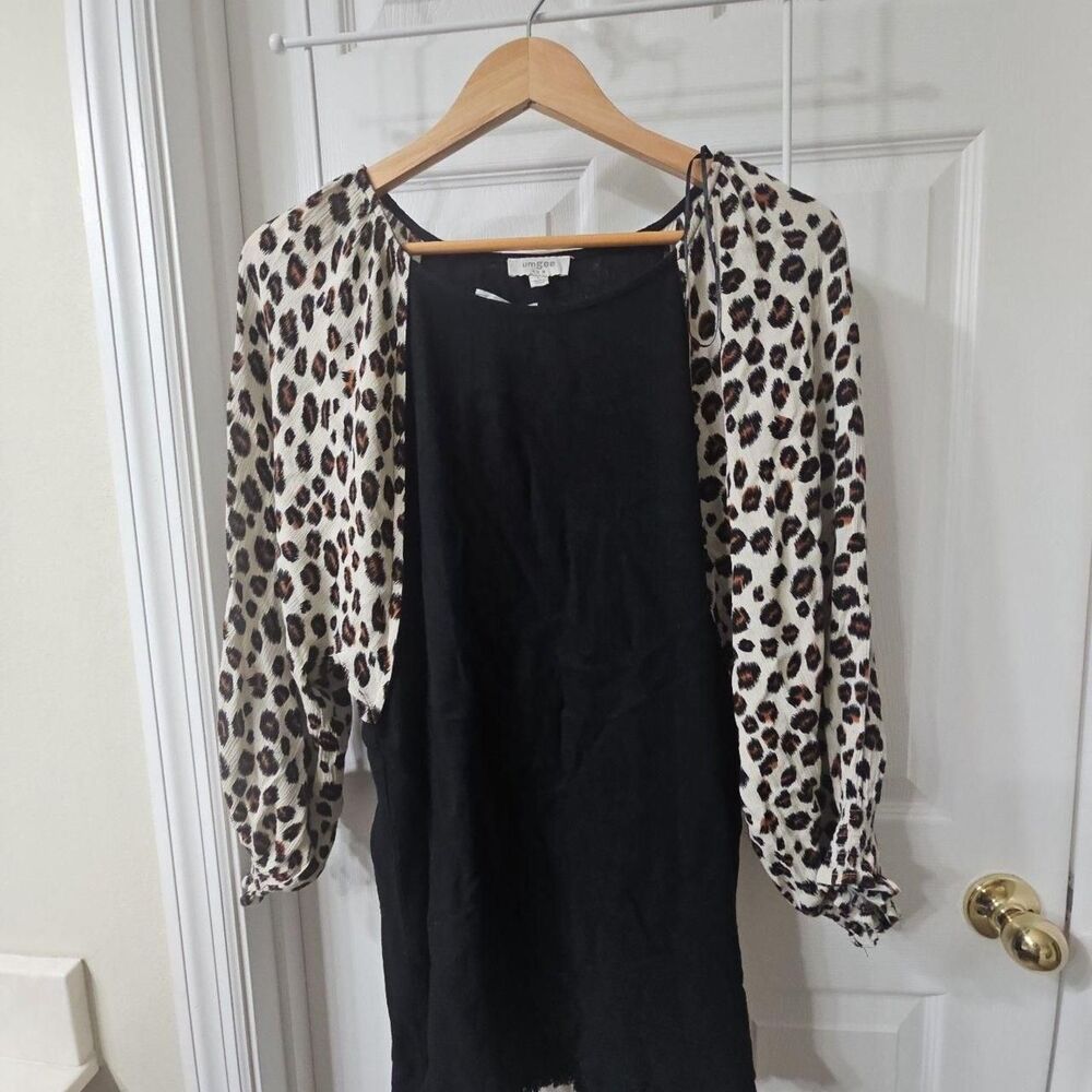 Umgee Leopard Print Long Sleeve Blouse Black Size L